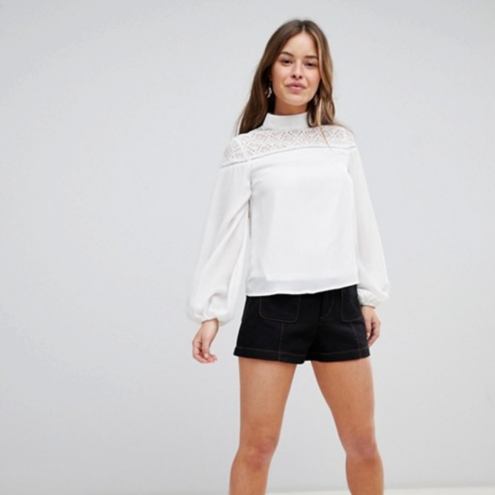 High Neck Blouse with Lace Panel